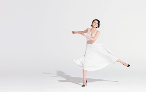 dancing, short hair, Masami Nagasawa, Asian, simple background, white dress