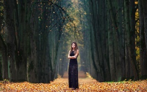 dress, trees, fall, girl outdoors, girl, brunette