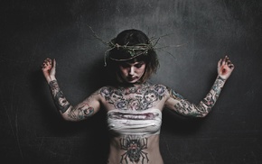 tattoo, stigmata, girl, hard nipples
