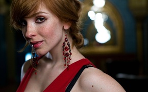 brown eyes, redhead, actress, red dress, face, freckles