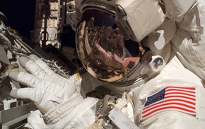 spaceman, Earth, orbits, reflection, space, American flag