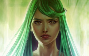 face, green hair, artwork, yellow eyes, girl