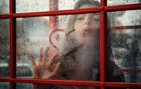water on glass, girl, window, hearts, water drops
