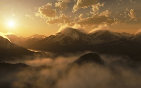 sunlight, mist, landscape, mountain, nature, clouds