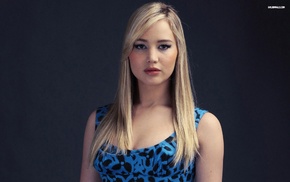 straight hair, actress, girl, blue clothes, Jennifer Lawrence, blonde