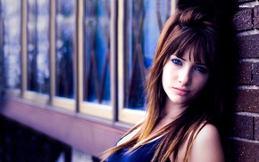 girl, blue eyes, model, window, bricks, redhead