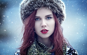 winter, model, redhead, girl, blue eyes, red lipstick
