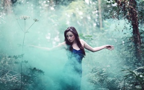 forest, closed eyes, dress, nature, girl outdoors, smoke