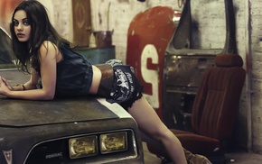 girl with cars, brunette, garages, actress, Mila Kunis