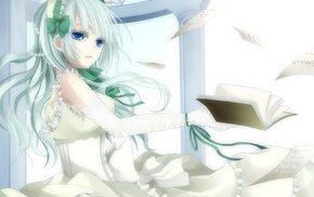 anime, white dress, Umineko no Naku Koro ni, long hair, ribbon, books