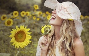 flowers, smiling, wavy hair, yellow flowers, sunflowers, girl outdoors
