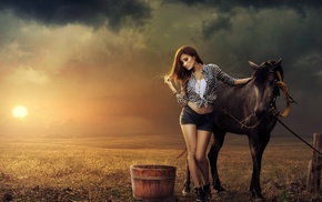 girl, model, girl outdoors, horse, brunette