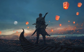 warrior, sky lanterns, sea, moon, artwork