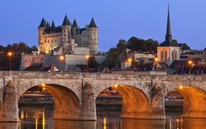 France, river, evening, cityscape, castle, trees