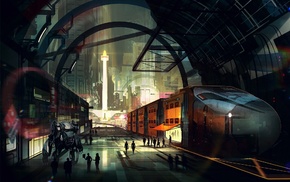 robot, railway, building, digital art, arch, artwork