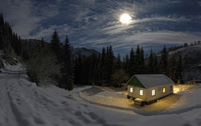 forest, rock, clouds, lights, winter, house
