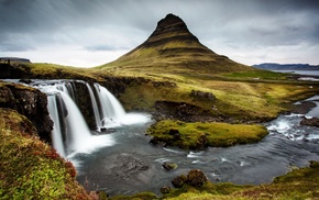 river, waterfall, hill, landscape, nature