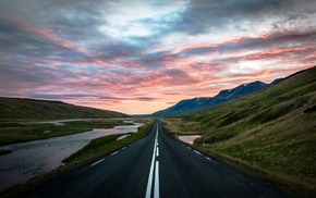 landscape, nature, hill, road, sunset, Iceland