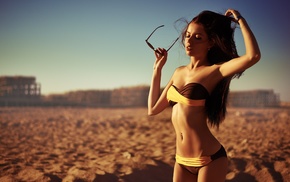 beach, sunset, brunette, model, bikini, girl