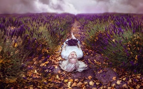 lavender, closed eyes, lying down, girl outdoors, leaves, blonde