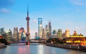 Shanghai, architecture, bridge, lights, tower, building