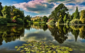 reflection, lake, castle, landscape, nature, clouds