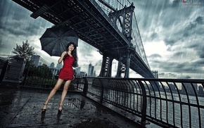 high heels, model, umbrella, girl outdoors, red dress, rain