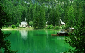reflection, church, lake, landscape, nature, trees