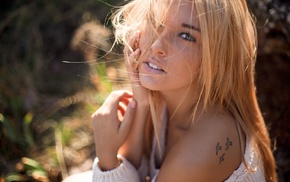 model, tattoo, girl, looking at viewer, girl outdoors, blonde