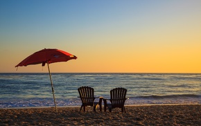 beach, sunset, umbrella, sand, minimalism