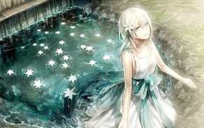 white dress, NieR, water, anime, flower in hair, flowers