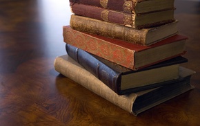 wooden surface, books