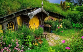 Hobbiton, landscape, flowers, house, trees, nature