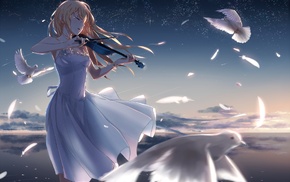 sky, tears, flower petals, anime girls, shooting stars, white dress