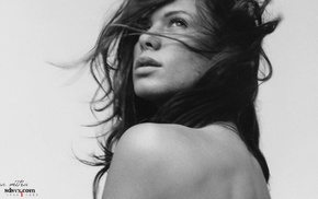 girl outdoors, celebrity, monochrome, bare shoulders, Rhona Mitra, girl