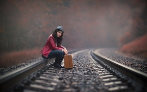 railway, nature, clouds, brunette, model