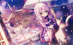 anime girls, snow, original characters, cat, umbrella