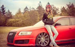 looking away, Audi A6, red cars, baseball caps, girl with cars