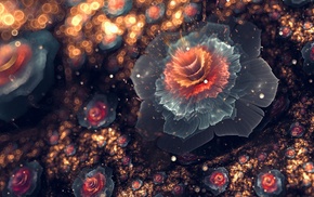 fractal flowers, digital art, abstract, petals, 3D, bokeh