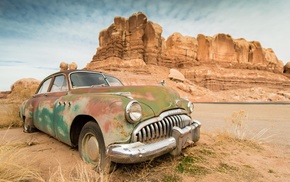 desert, rock formation, car, wreck