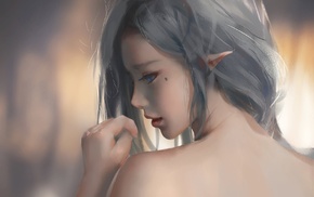 elves, WLOP, painting, elven ears, blue eyes, grey hair