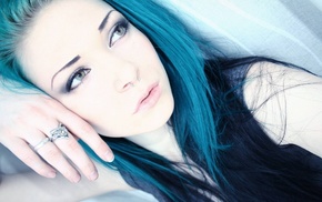 blue hair, piercing, rings, face, girl, green eyes