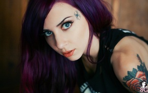 Suicide Girls, purple hair, blue eyes, Mizirlou, tattoo