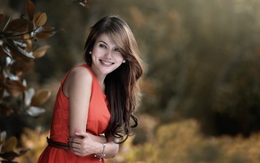 brunette, smiling, depth of field, girl, red dress, model