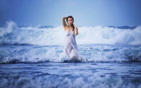 girl, wet, sea, water, dress, waves