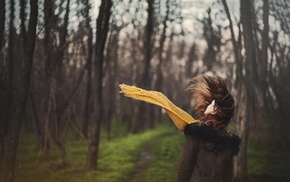 girl, brunette, girl outdoors, forest, depth of field, trees