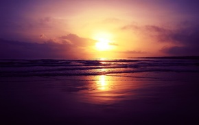 nature, coast, beach, waves, sunset, reflection
