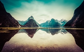 New Zealand, reflection, lake, snow, Milford Sound, calm