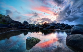 lake, sunset, clouds, nature