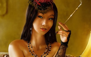 necklace, digital art, girl, open mouth, Asian, long hair
